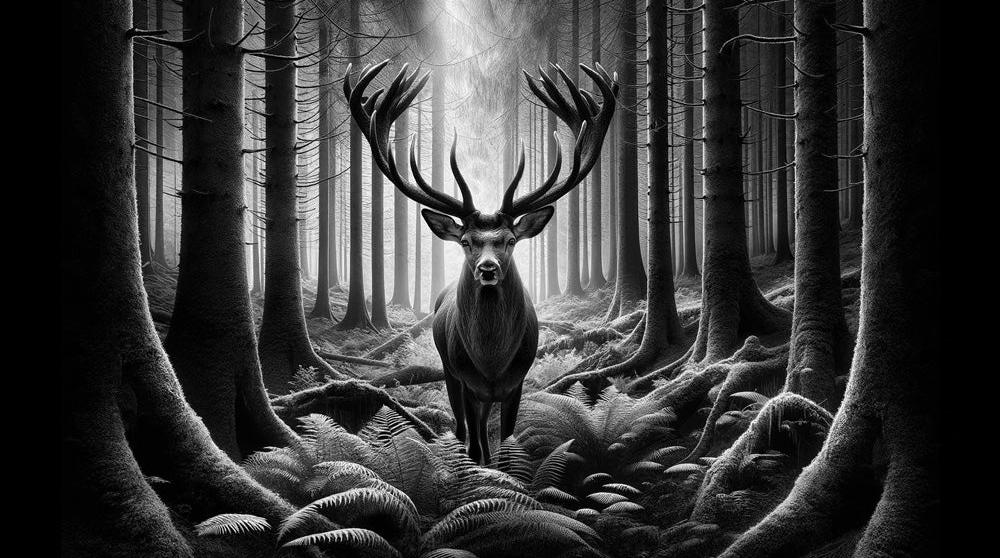 Papier peint cerf noir et blanc forêt de fougères