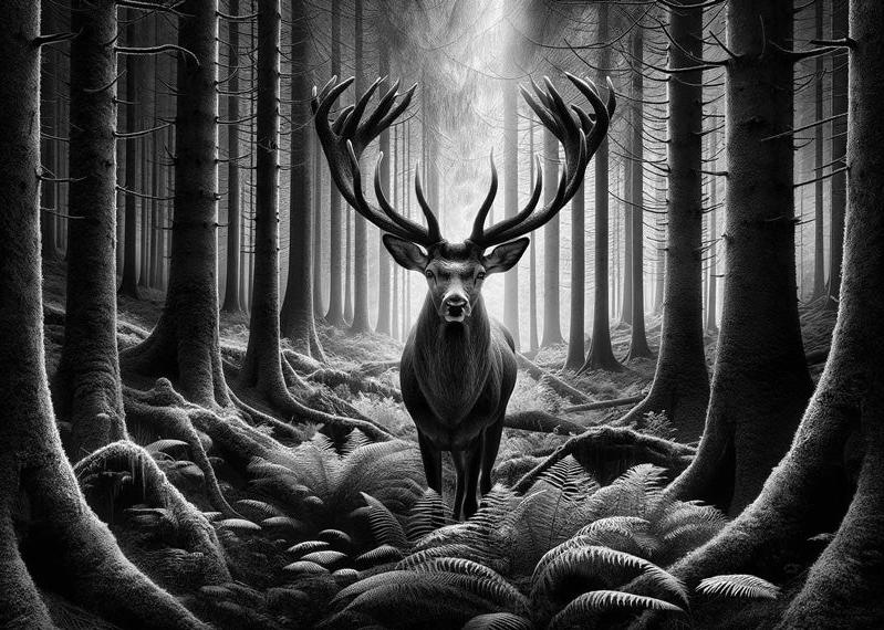 Papier peint cerf noir et blanc forêt de fougères