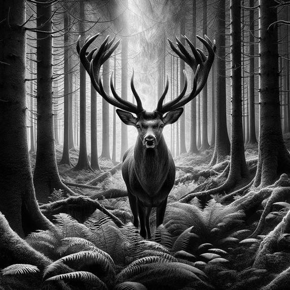 Papier peint cerf noir et blanc forêt de fougères