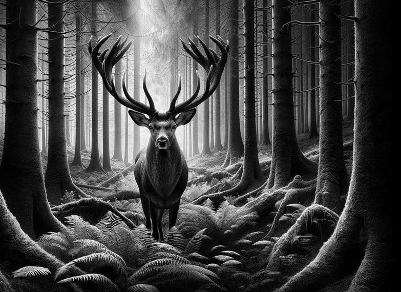 Papier peint cerf noir et blanc forêt de fougères