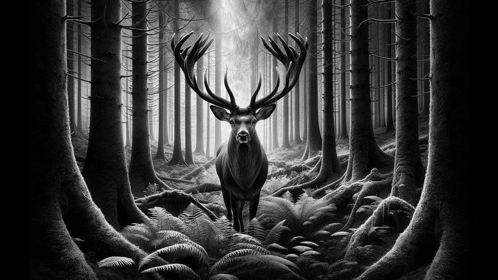 Papier peint cerf noir et blanc forêt de fougères