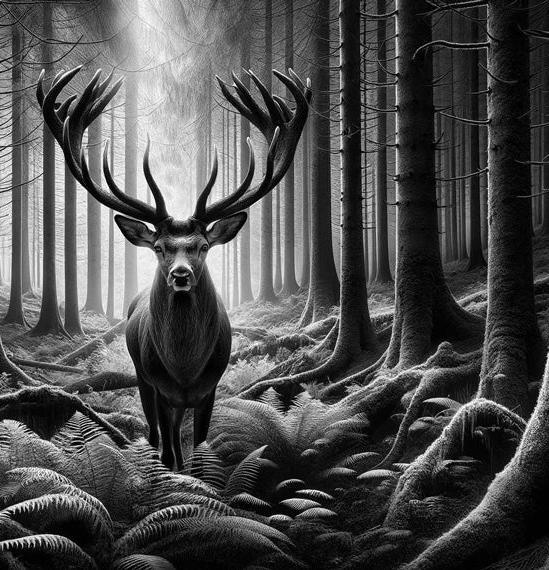 Papier peint cerf noir et blanc forêt de fougères