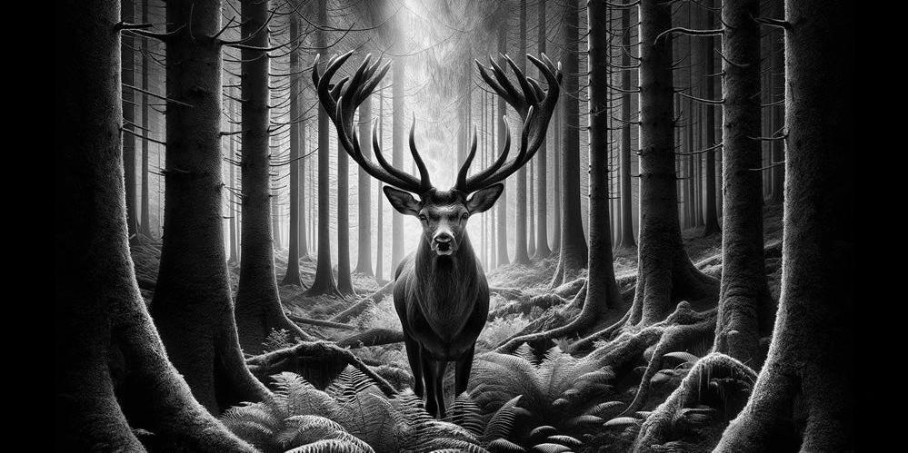 Papier peint cerf noir et blanc forêt de fougères