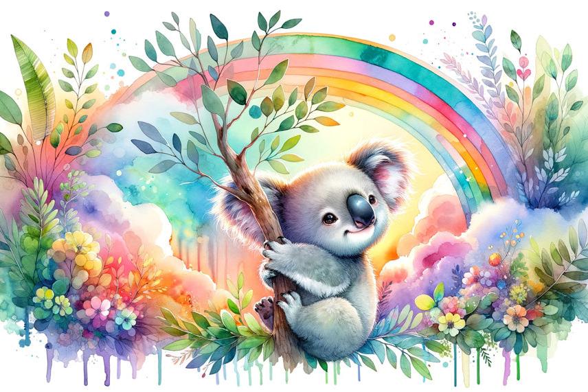 Papier peint koala aquarelle arc-en-ciel