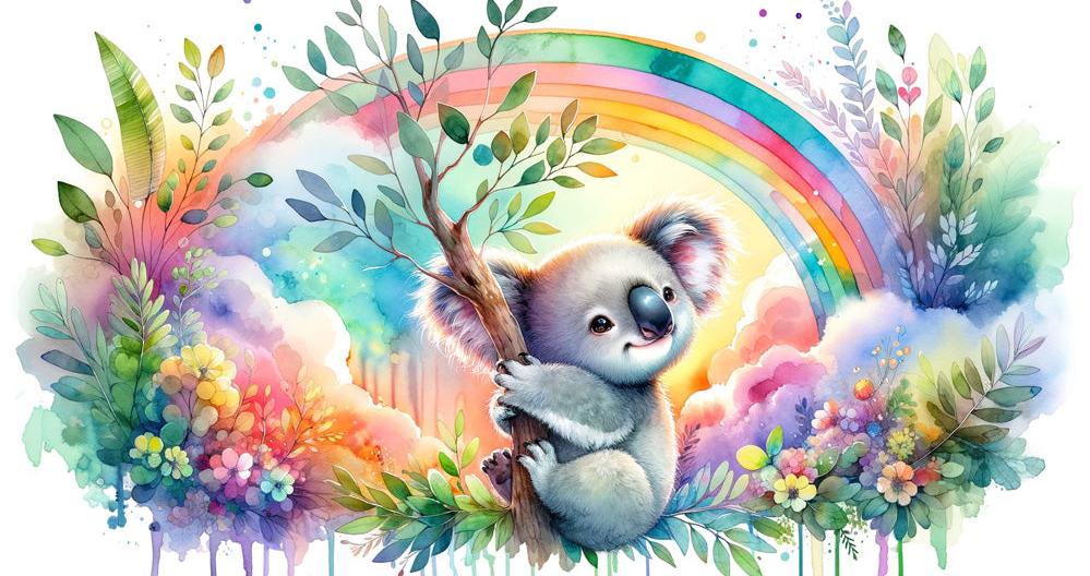 Papier peint koala aquarelle arc-en-ciel