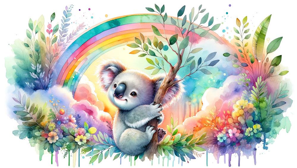 Papier peint koala aquarelle arc-en-ciel