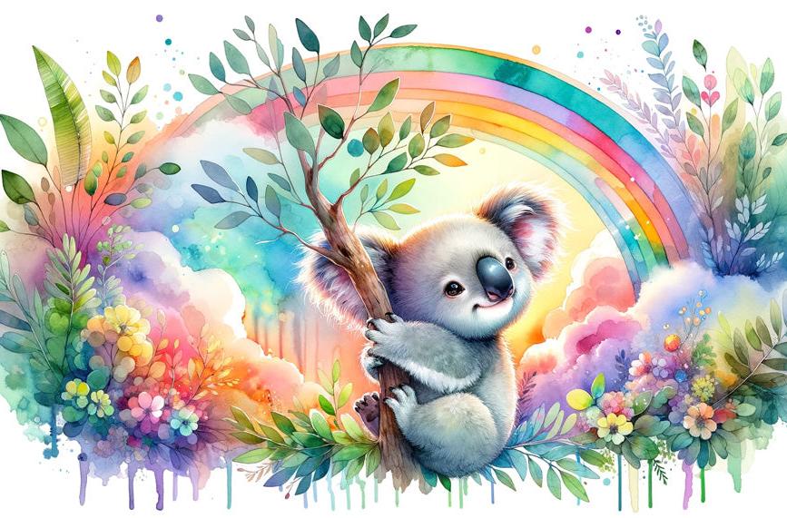 Papier peint koala aquarelle arc-en-ciel