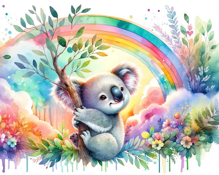 Papier peint koala aquarelle arc-en-ciel
