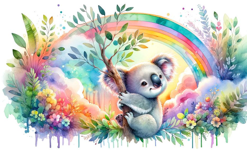 Papier peint koala aquarelle arc-en-ciel