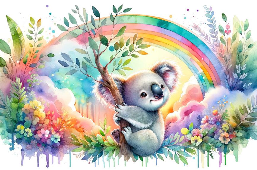 Papier peint koala aquarelle arc-en-ciel