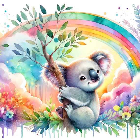 Papier peint koala aquarelle arc-en-ciel