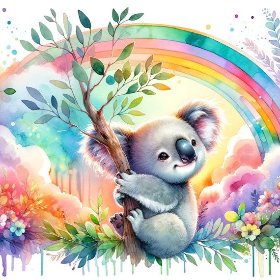 Papier peint koala aquarelle arc-en-ciel
