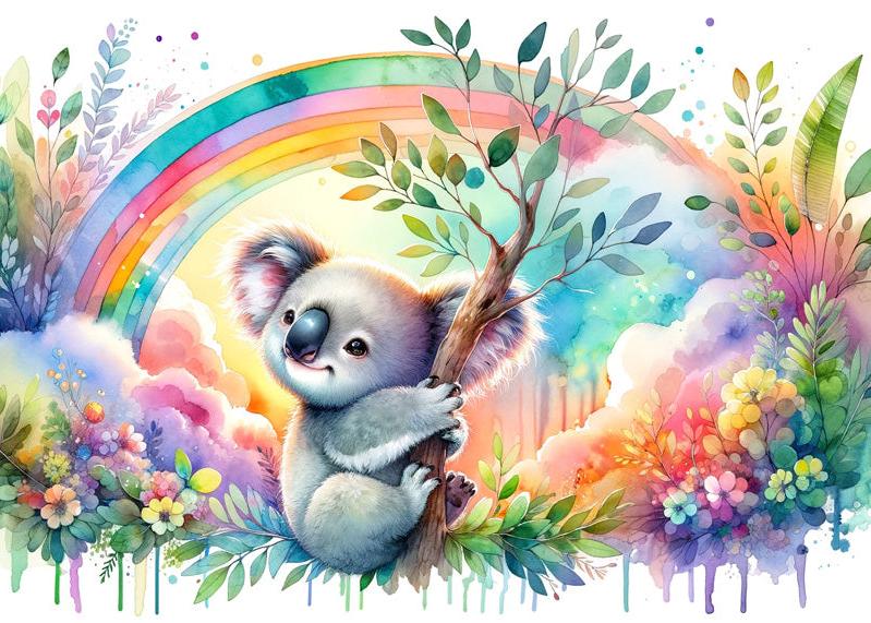Papier peint koala aquarelle arc-en-ciel