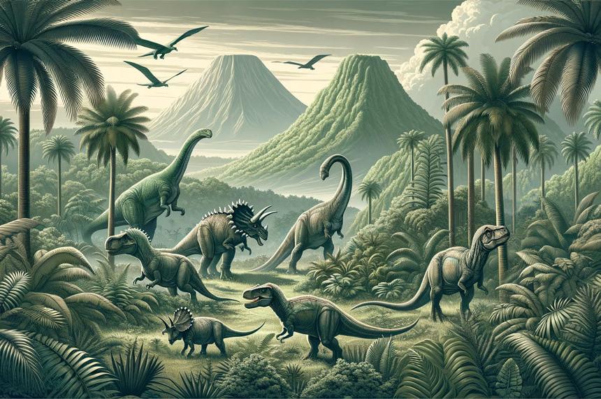 Papier peint dinosaure paysage réaliste vert