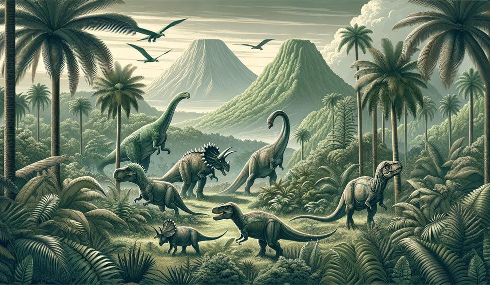 Papier peint dinosaure paysage réaliste vert