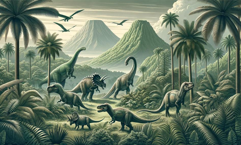 Papier peint dinosaure paysage réaliste vert