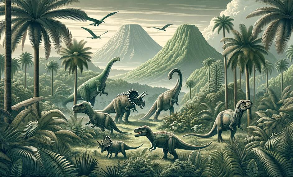 Papier peint dinosaure paysage réaliste vert