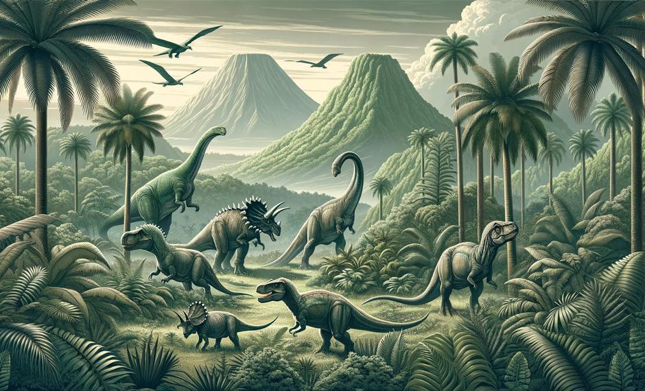 Papier peint dinosaure paysage réaliste vert