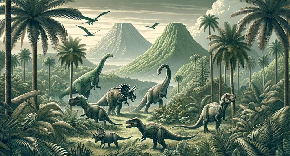 Papier peint dinosaure paysage réaliste vert