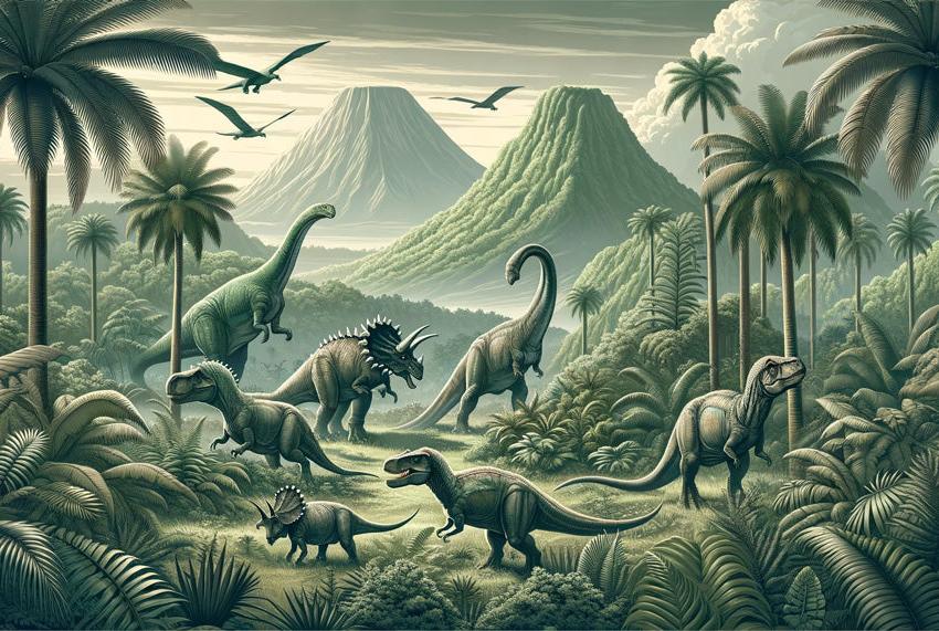 Papier peint dinosaure paysage réaliste vert