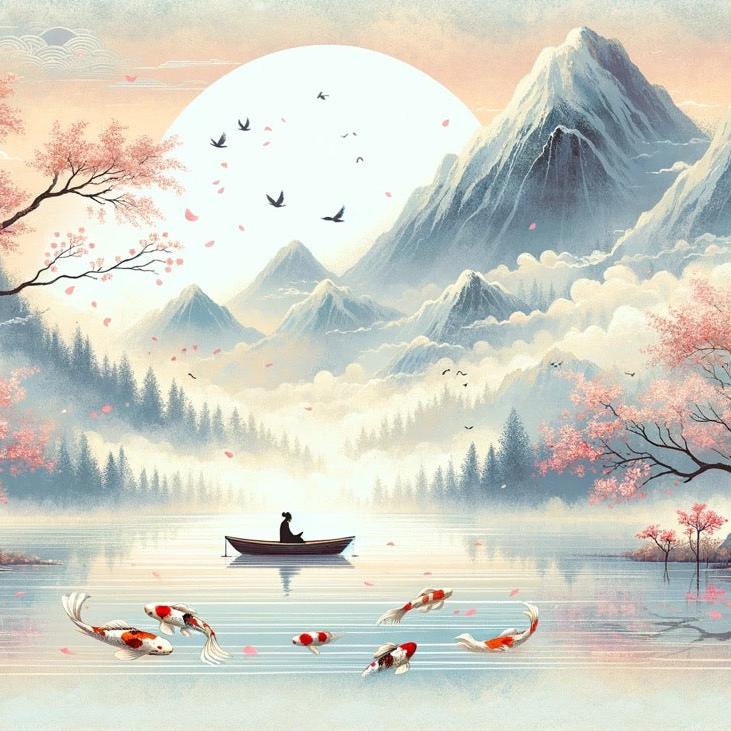 Papier peint japonais lac et cerisiers roses