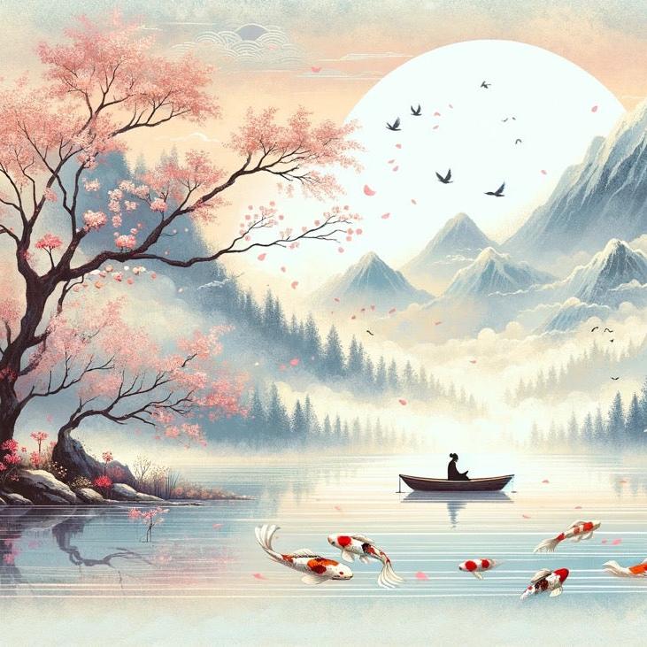 Papier peint japonais lac et cerisiers roses