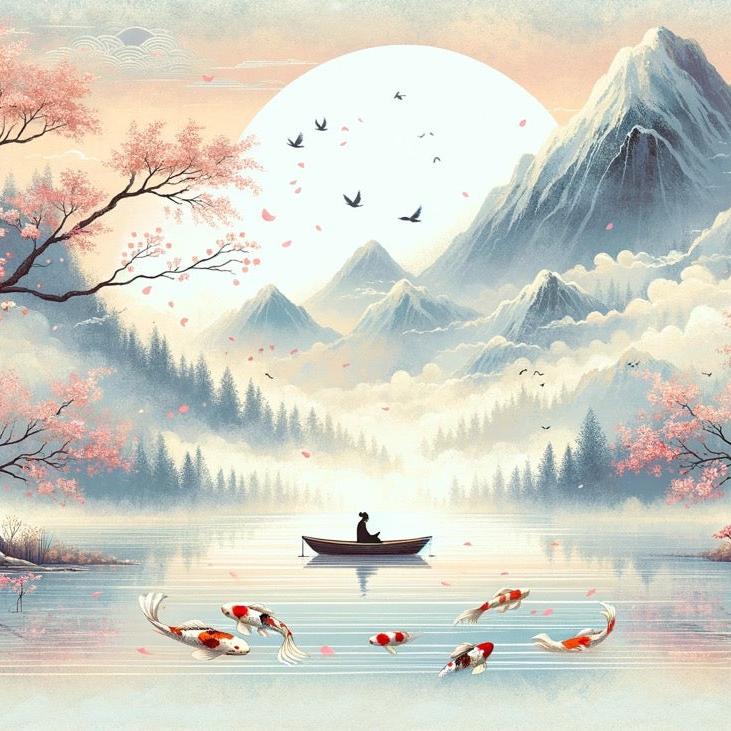 Papier peint japonais lac et cerisiers roses