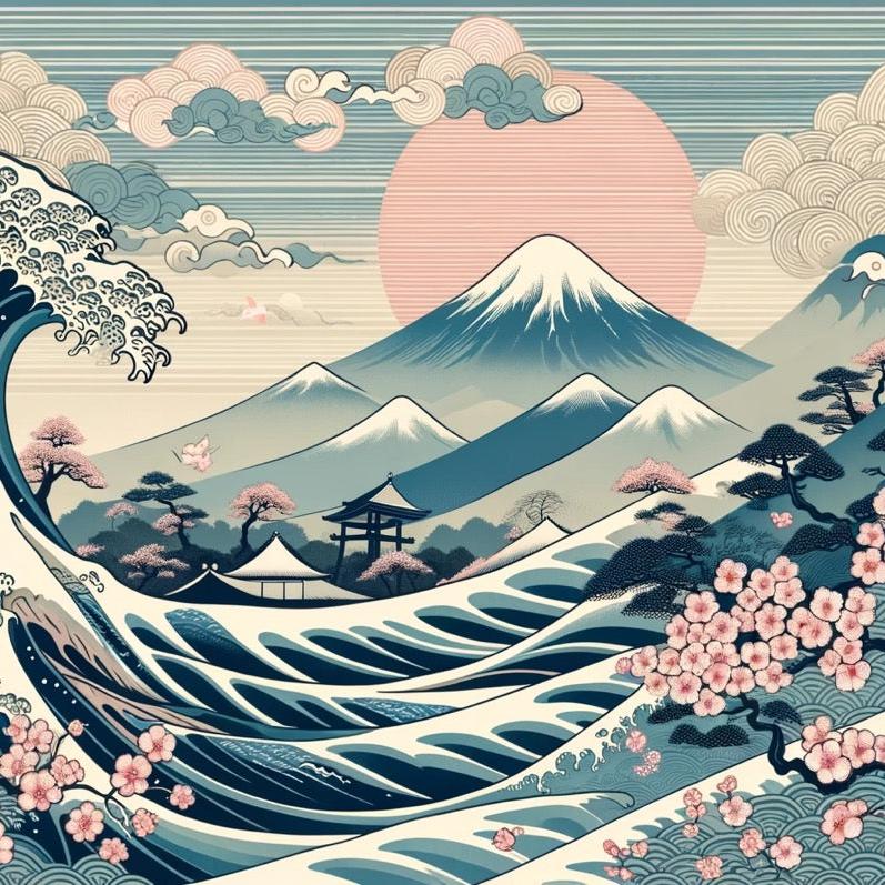 Papier peint japonais vague mont Fuji cerisier