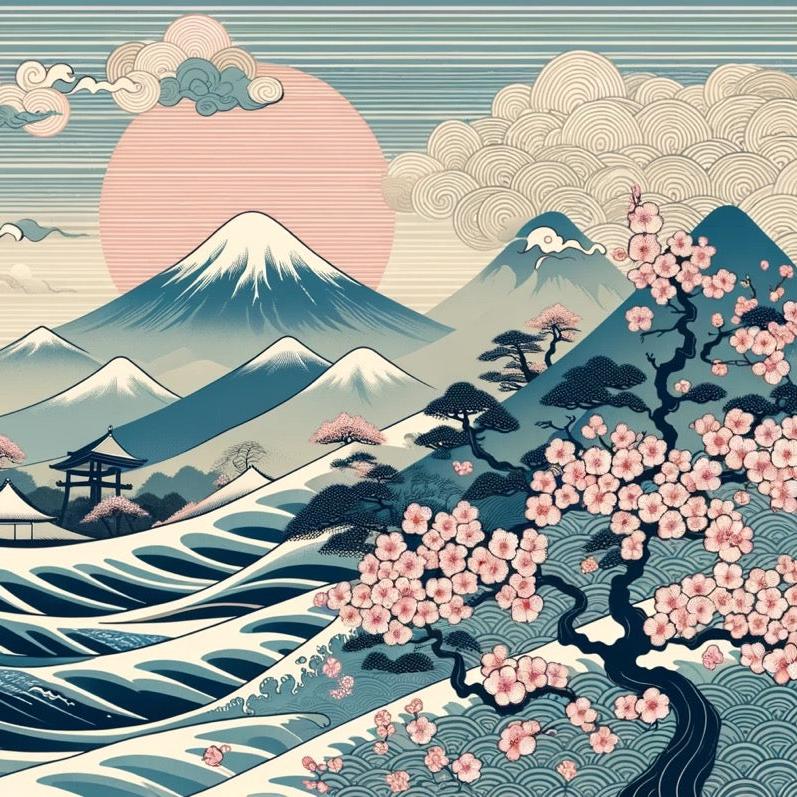 Papier peint japonais vague mont Fuji cerisier
