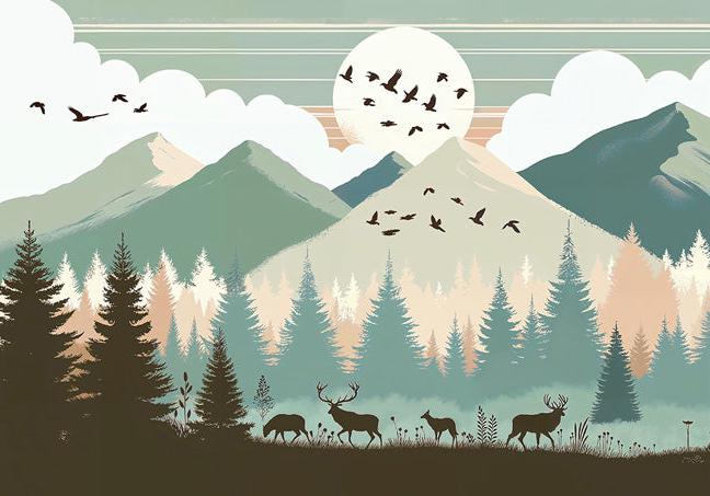 Papier peint montagne bébé sapins et pleine lune
