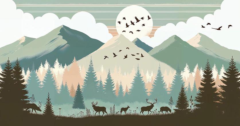 Papier peint montagne bébé sapins et pleine lune