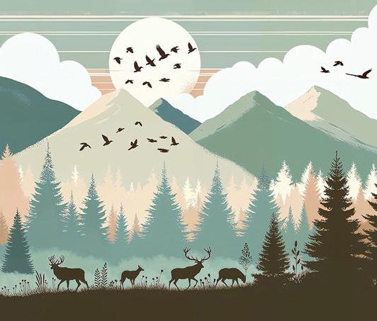 Papier peint montagne bébé sapins et pleine lune
