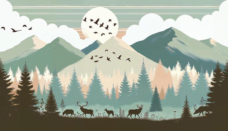 Papier peint montagne bébé sapins et pleine lune