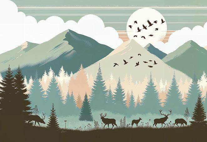 Papier peint montagne bébé sapins et pleine lune