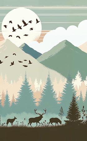 Papier peint montagne bébé sapins et pleine lune