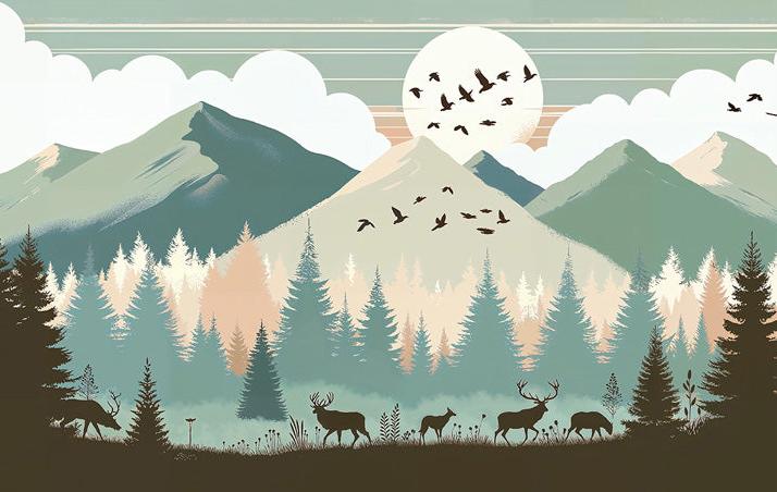 Papier peint montagne bébé sapins et pleine lune