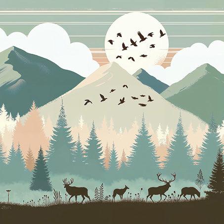 Papier peint montagne bébé sapins et pleine lune