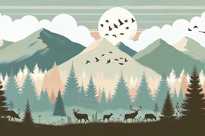 Papier peint montagne bébé sapins et pleine lune