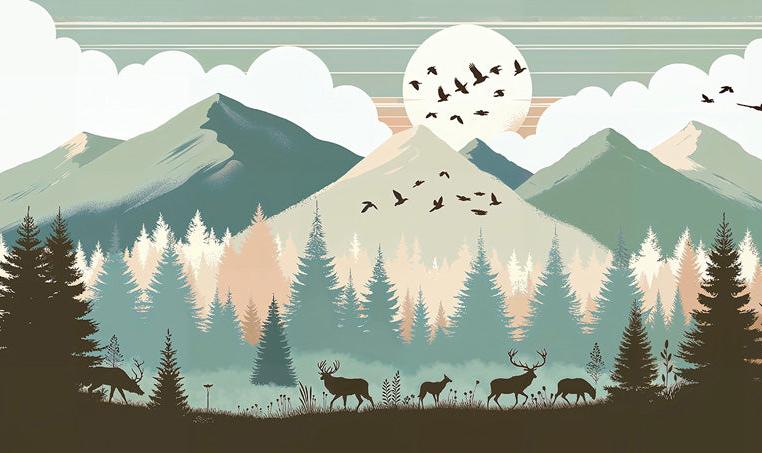 Papier peint montagne bébé sapins et pleine lune