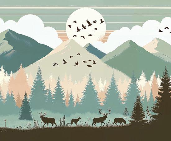 Papier peint montagne bébé sapins et pleine lune