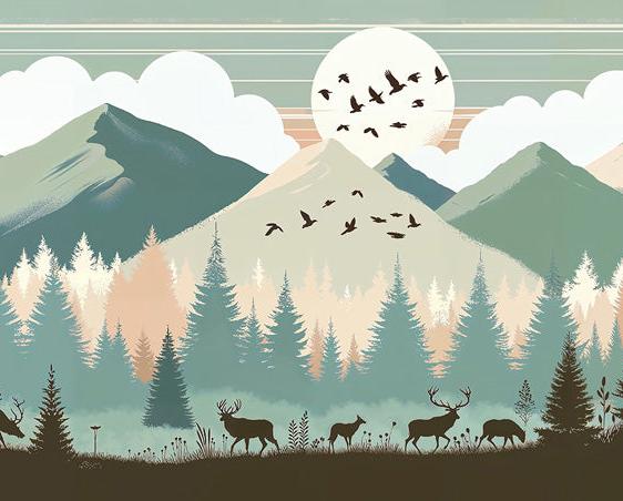 Papier peint montagne bébé sapins et pleine lune