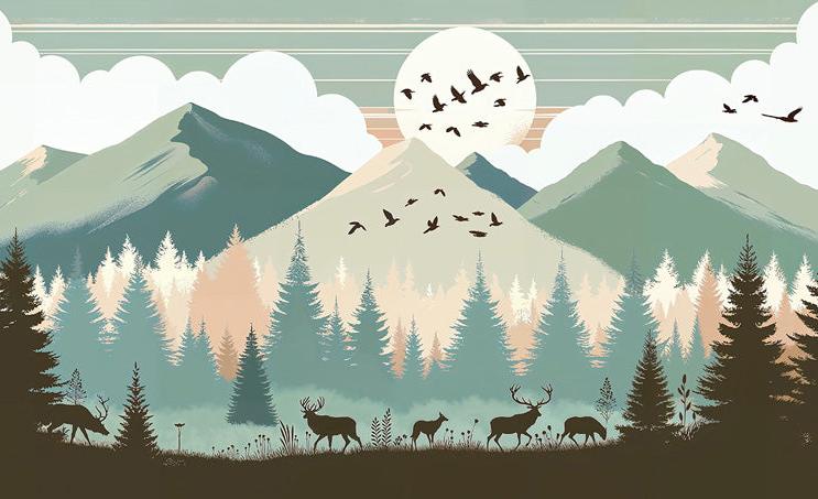 Papier peint montagne bébé sapins et pleine lune