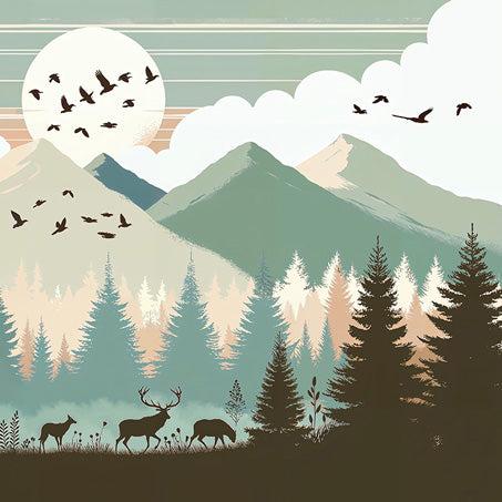 Papier peint montagne bébé sapins et pleine lune