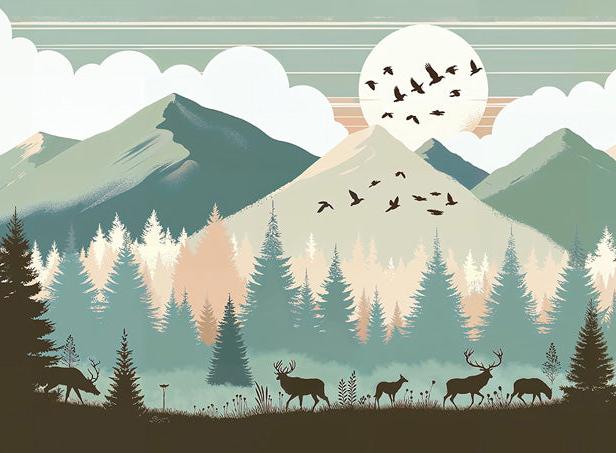 Papier peint montagne bébé sapins et pleine lune