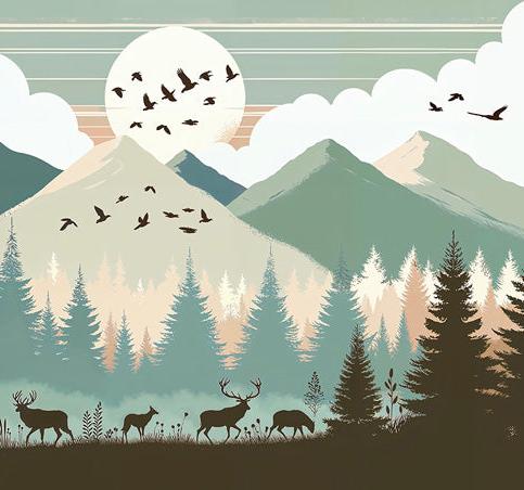 Papier peint montagne bébé sapins et pleine lune