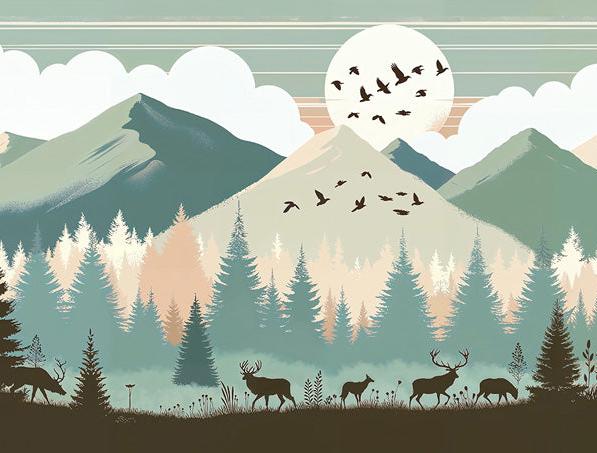 Papier peint montagne bébé sapins et pleine lune