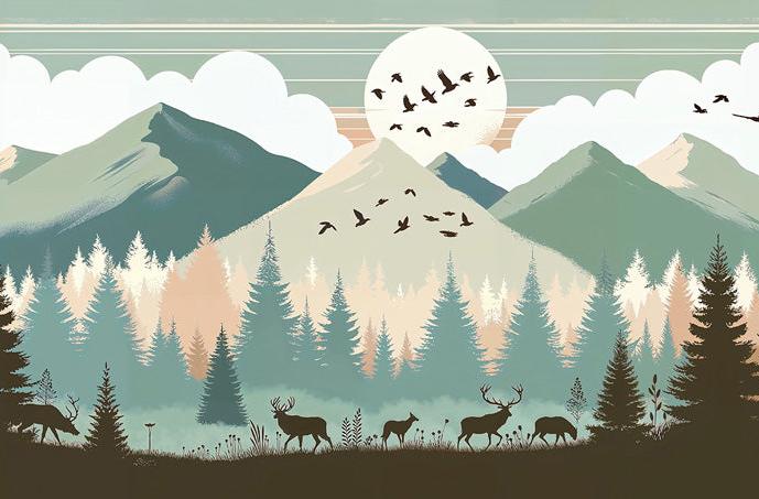 Papier peint montagne bébé sapins et pleine lune