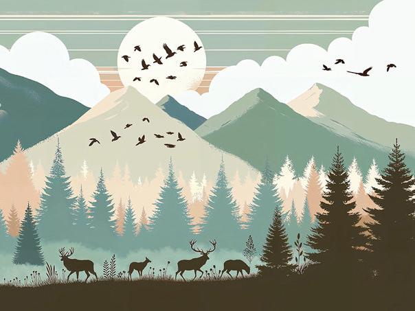 Papier peint montagne bébé sapins et pleine lune