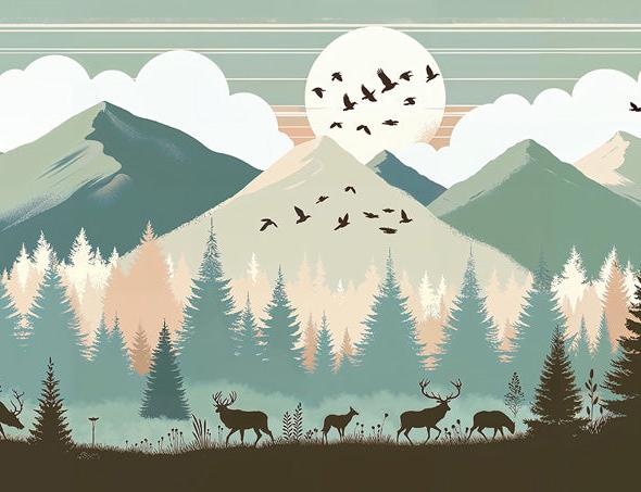 Papier peint montagne bébé sapins et pleine lune