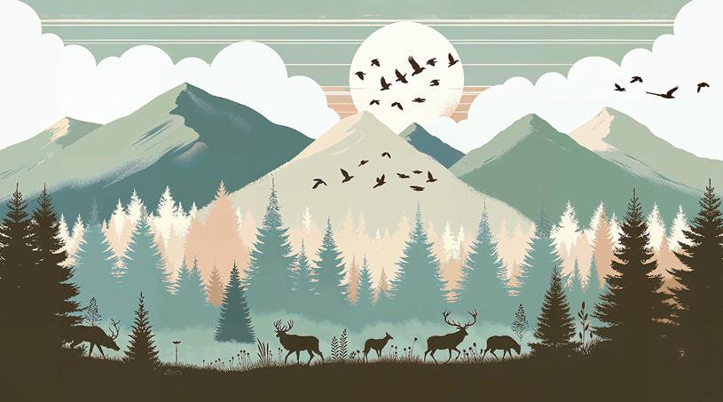 Papier peint montagne bébé sapins et pleine lune